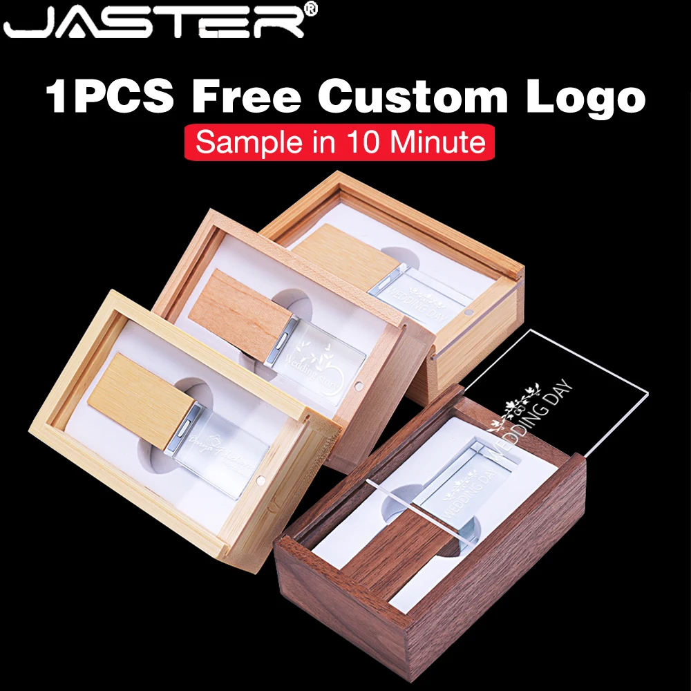 Unidade flash usb de cristal 128gb, logotipo personalizado gratuito, 64gb, capa transparente, caixa de madeira, memroy stick, presente de negócios, pendrive