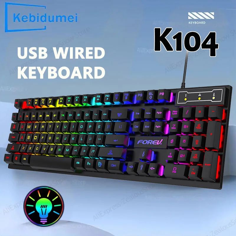 Teclado Mecânico com 104 Teclas, Teclado Gamer com Fio para Laptop e PC, Ergonômico, Retroiluminado RGB, Teclas Cyan Axis de 61 Teclas