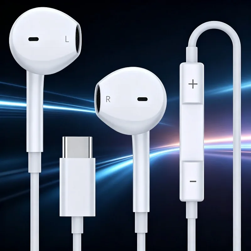 Fones de Ouvido USB-C para iPhone 17 16 15, Fones de Ouvido com Fio Tipo C com Microfone Integrado e Controle de Volume, Fones de Ouvido HiFi com Som Estéreo