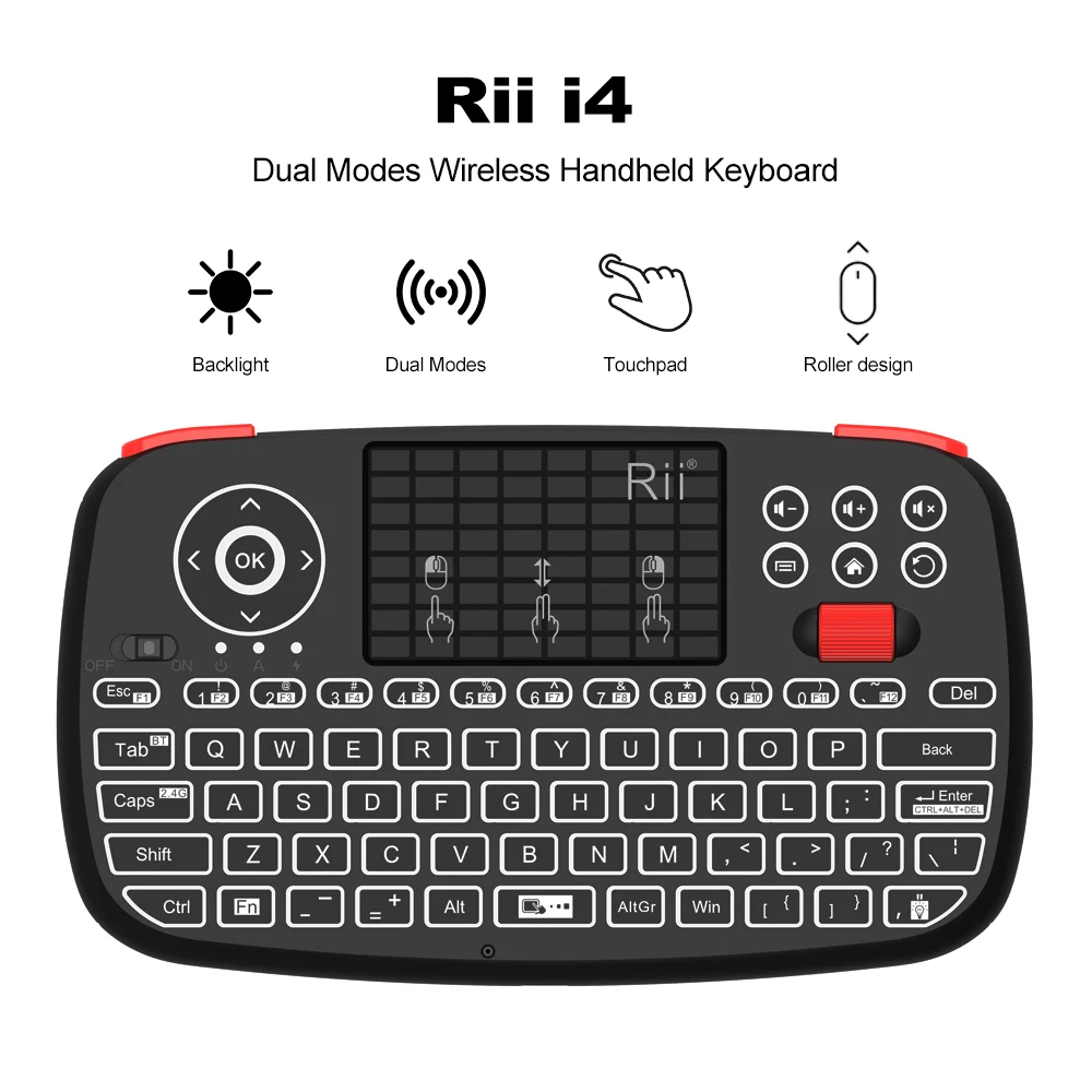Teclado sem fio Rii I4 Mini BT com touchpad, mouse retroiluminado de 2.4GHz e controle remoto para Windows, Android TV Box e Smart TV.