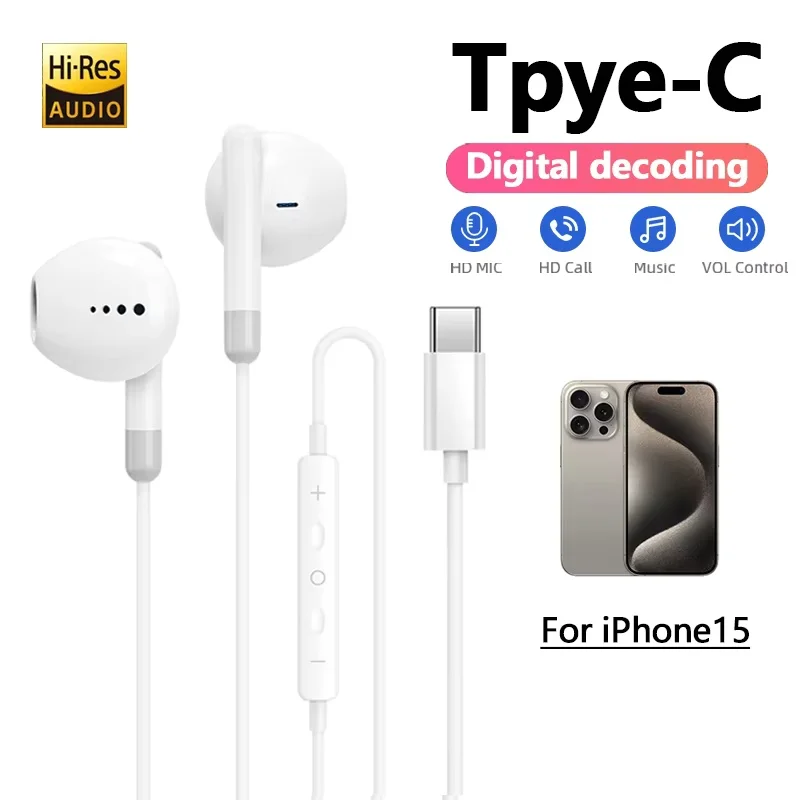 Fones de ouvido hifi para apple iphone 15 pro max meio intra-auricular com microfone fone de ouvido com fio para samsung huawei xiaomi USB-C