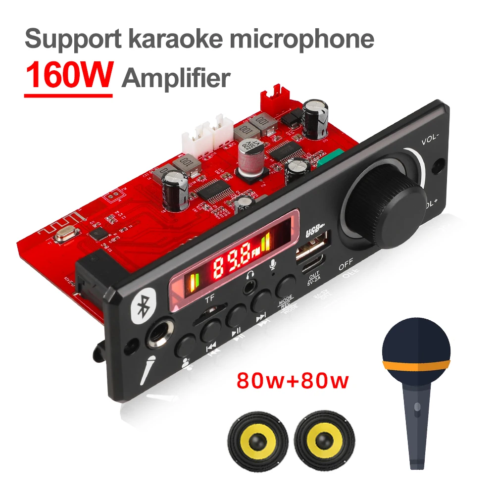 EBEDUMEI 8V-24V 2*80W Amplificador MP3 Placa decodificadora Controle de volume Bluetooth 160W MP3 Player Módulo de rádio FM para carro TF Microfone USB