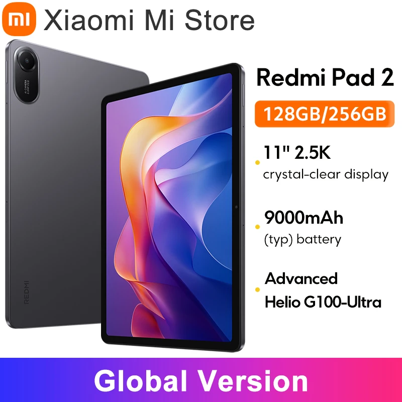 Versão Global Xiaomi Redmi Pad 2 com Helio G100-Ultra Avançado, tela cristalina de 11 polegadas 2.5K, bateria de 9000mAh e carregamento rápido de 18W.