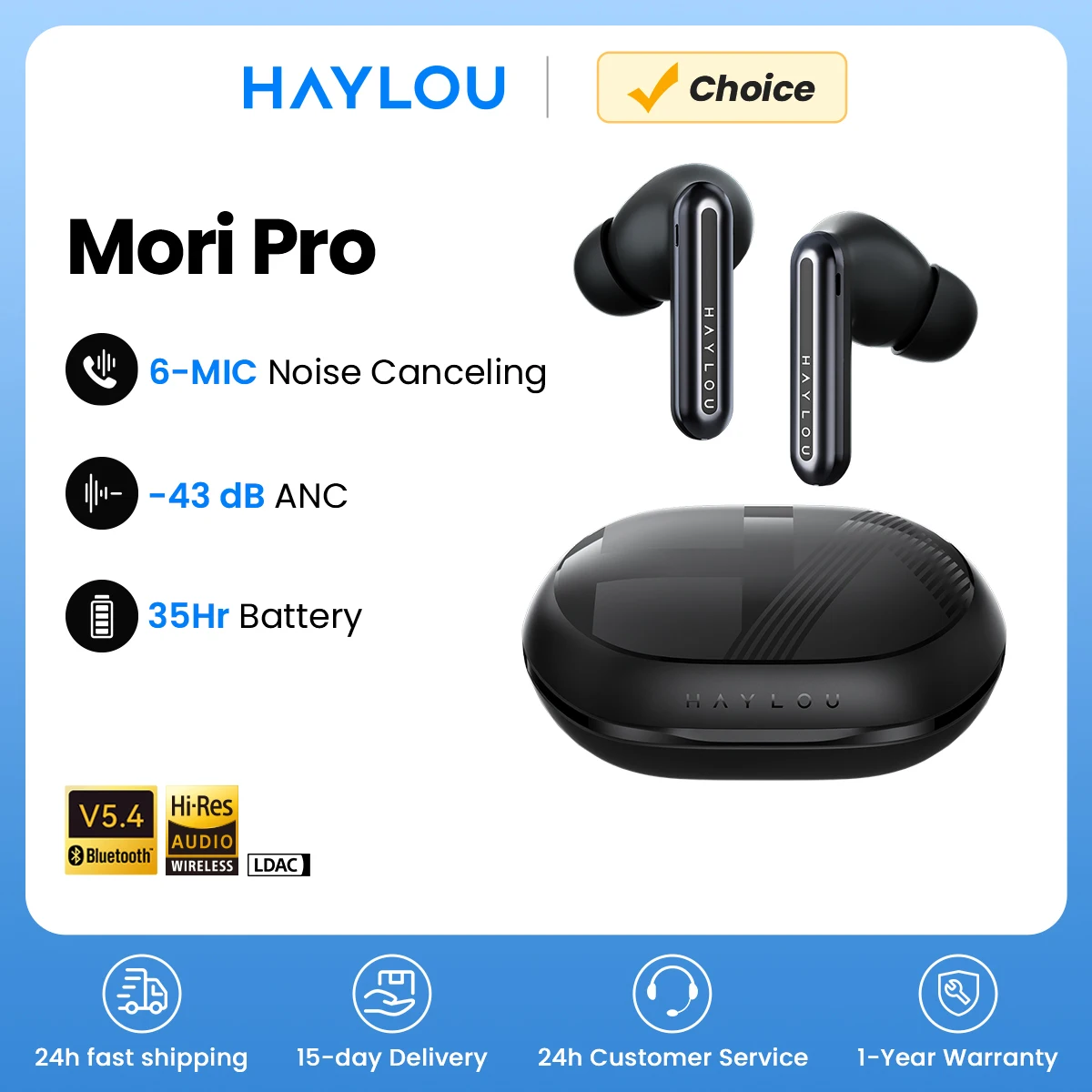Haylou mori pro bluetooth 5.4 fones de ouvido sem fio 43db adaptável híbrido anc hi-res ldac 6 microfone 28h vida útil da bateria