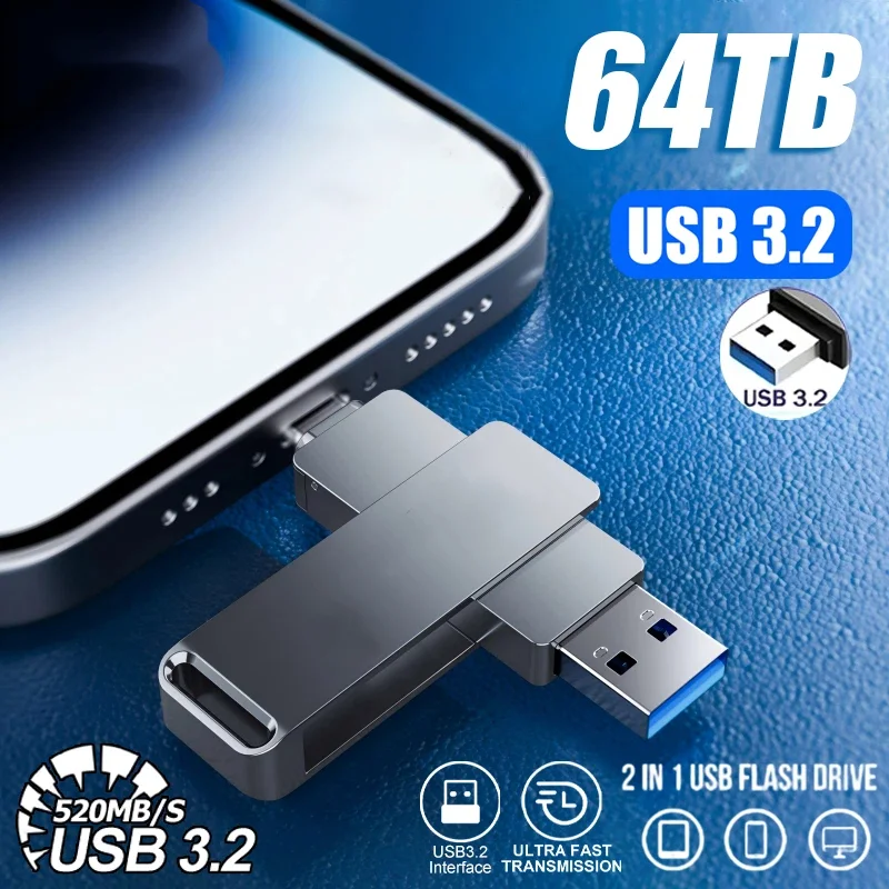 Pen Drive USB 3.2 de Metal Ultra-Rápido 64TB, 16TB, 8TB, à Prova d'Água, Tipo-C, para Dispositivos de Armazenamento de Computador 2026