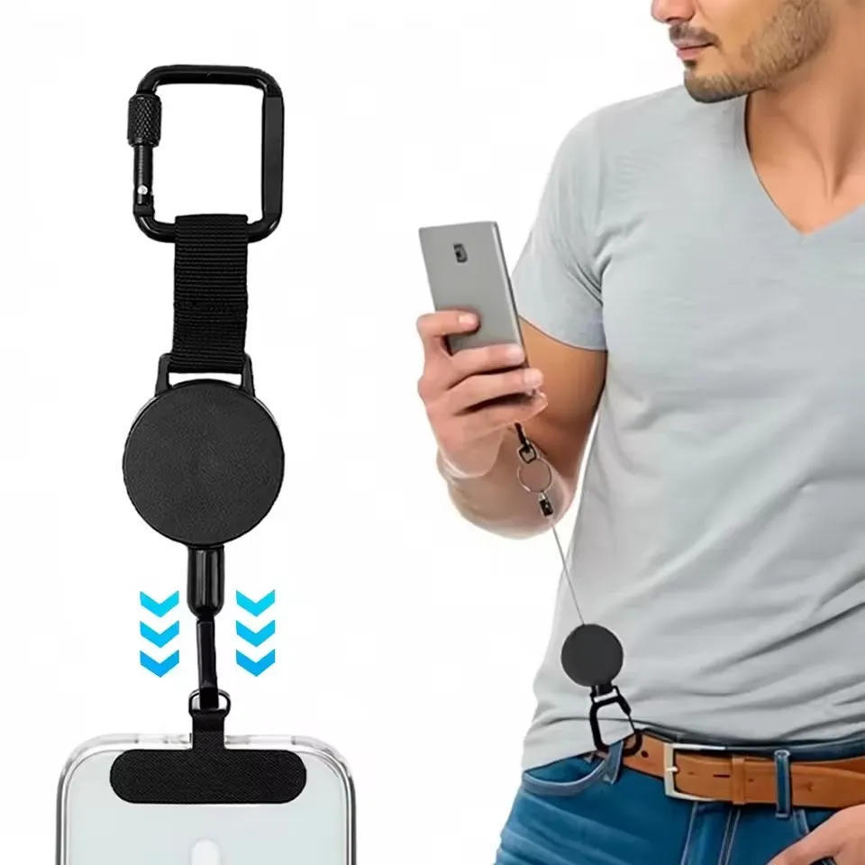 Suporte retrátil anti-roubo para telefone, cordão de segurança para smartphone com mosquetão, arnês anti-queda para caminhadas, ciclismo, escalada