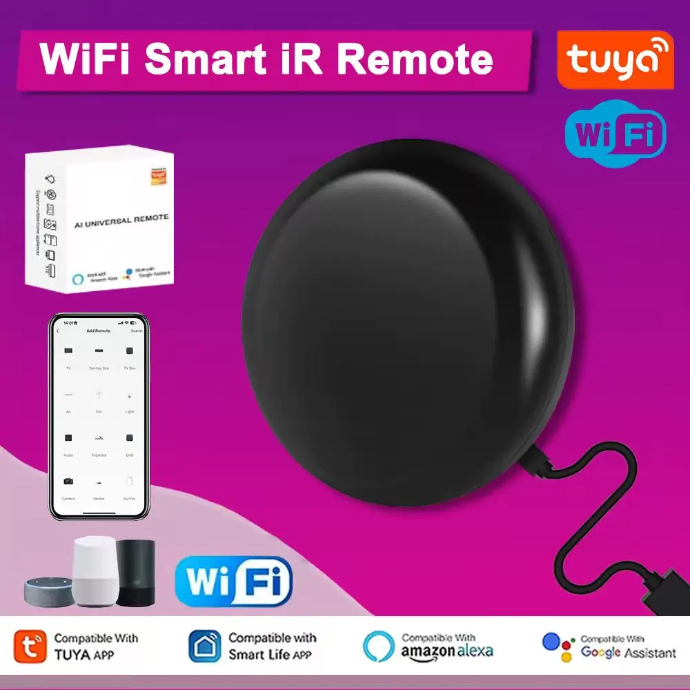 Controle Remoto Inteligente Tuya WiFi IR para Casa Inteligente, Controle Remoto para TV, DVD, Ar Condicionado, Compatível com Alexa e Google Home