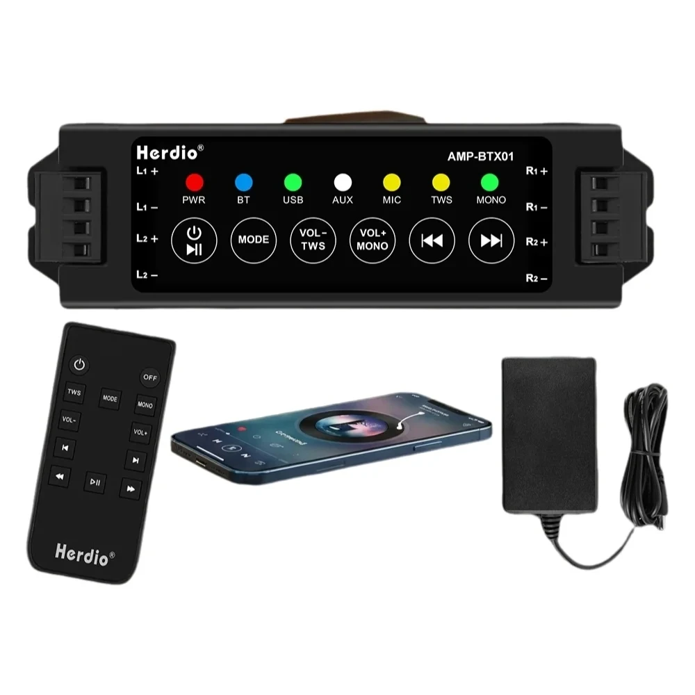 Amplificador de Áudio Bluetooth de 4 Canais Herdio com Controle Remoto para Caixas de Som de Parede/Teto Compatível com EU/US/UK/AU