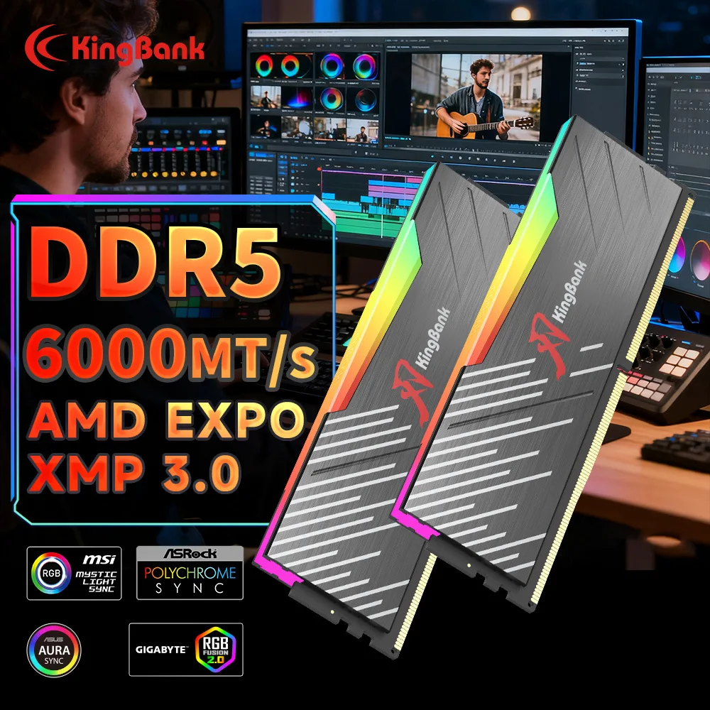 Memória RAM KingBank KRRB DDR5 RGB 16GB /16GBx2 6000MHz CL36 para Computador Desktop, Chip Selecionado CL36 1.35V PMIC, Dissipador de Calor Preto