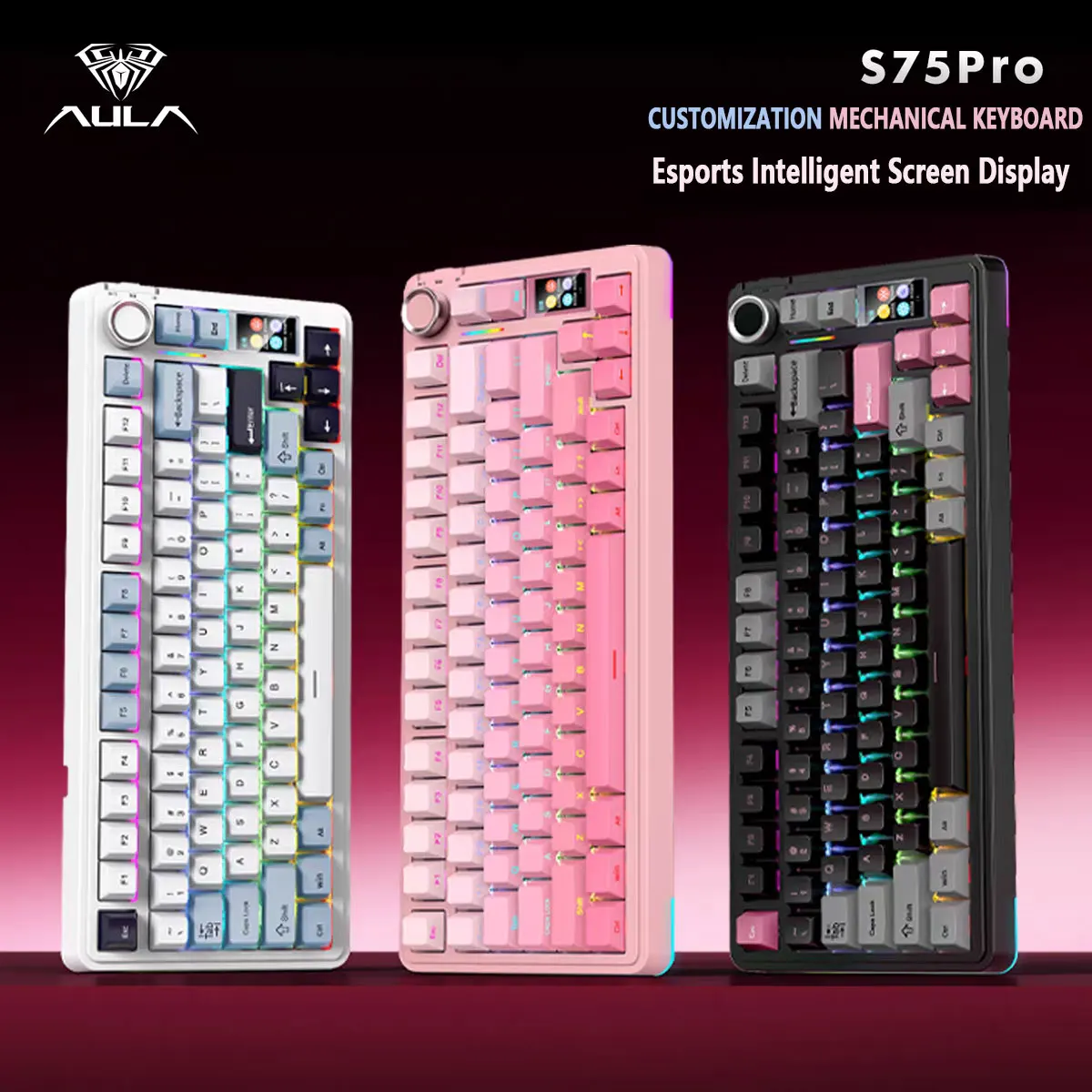 Teclado Mecânico Gamer AULA S75 Pro 75% Hot Swappable RGB Retroiluminado 4000mAh com Teclas PBT, Sem Fio e Tela LED com Knob