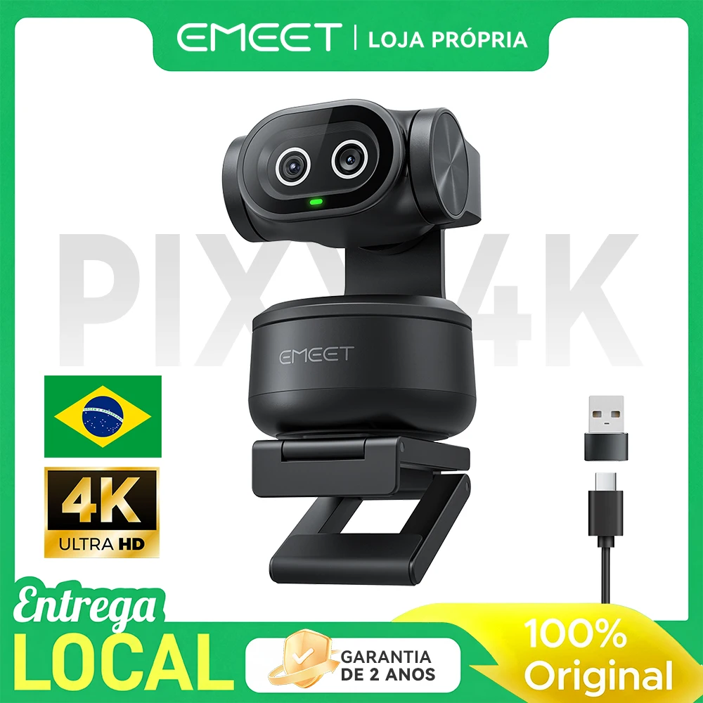 Câmera PTZ EMEET PIXY Câmera dupla AI Tracking Webcam 4K Controle de gestos Câmera web para streaming OBS/Twitch/Switch 2 compatível, foco automático PDAF e IA em 0,2 segundos, sensor de 1/2,55 polegadas, 3 microfones