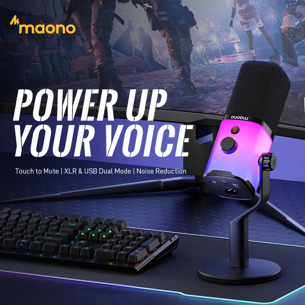 Microfone Gamer MAONO USB/XLR para PC PD100X, Microfone Dinâmico com Redução de Ruído, Conector para Fone de Ouvido RGB para Streaming e Podcasting
