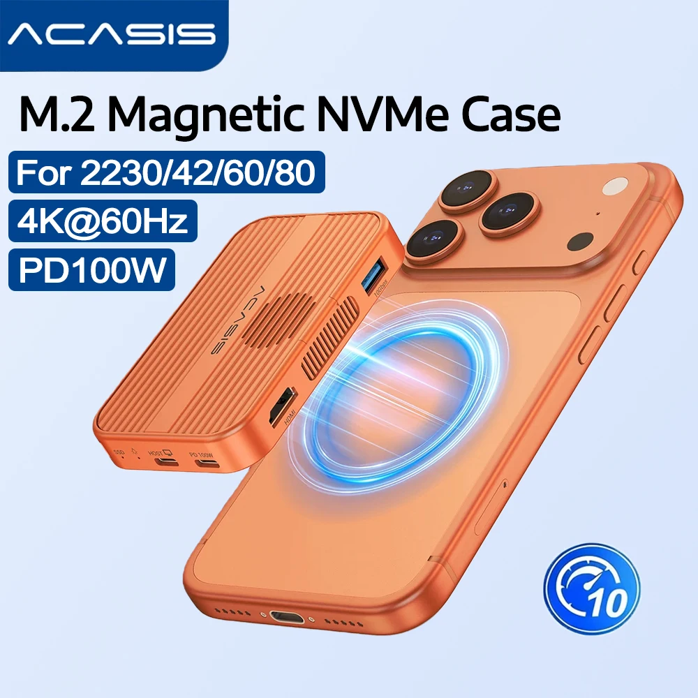 Acasis 10Gbps Caixa Magnética para SSD M.2 NVMe, Estação de Acoplamento USB-C 6 em 1 com Cooler para iPhone 17/17 Pro/iPhone 16/16 ﻿