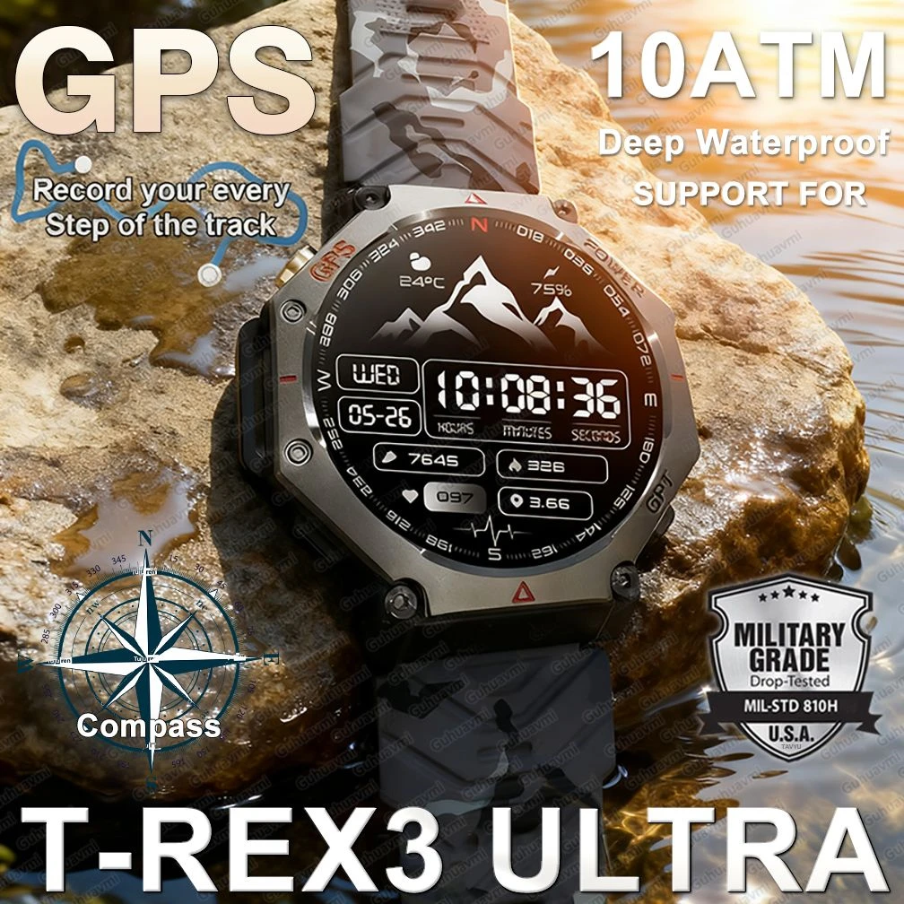 T-rex 3 ultra militar grau gps relógio inteligente 10atm à prova dwaterproof água bússola altímetro barométrico amoled masculino hd chamada esportes smartwatch