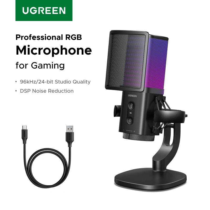 UGREEN Microfone USB com botão mudo sensível ao toque e iluminação RGB adequado para PC Mac Gaming Karaokê Gravação Streaming Podcasting