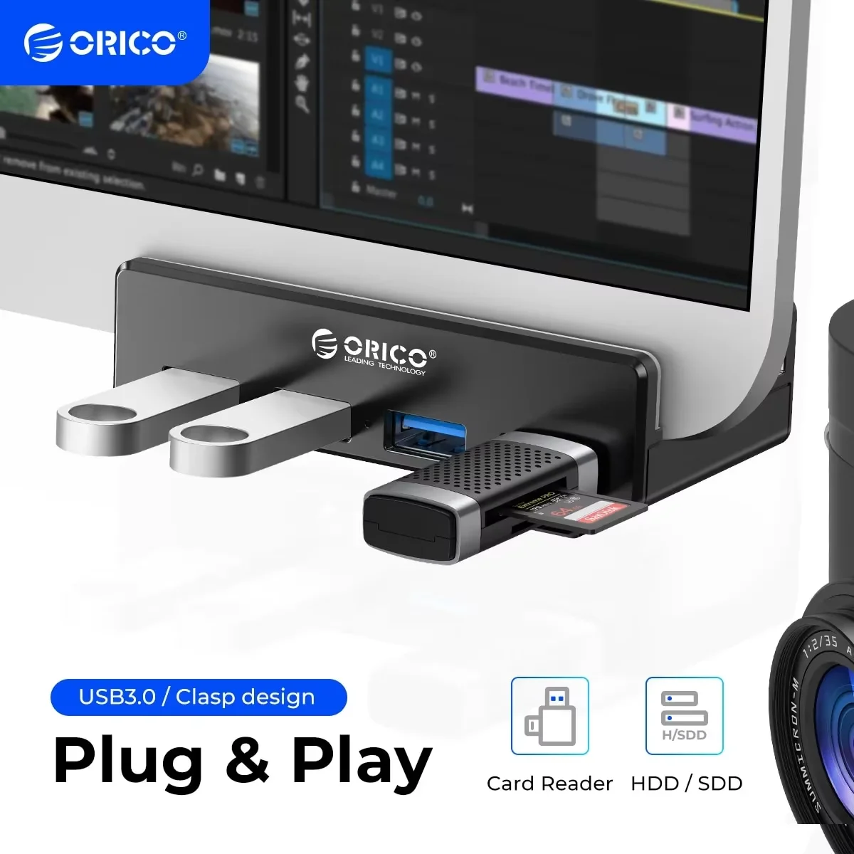 Orico mh4pu 5gbps hub de transmissão de dados alumínio 4 portas usb 3.0 clipe hub com fonte alimentação alta velocidade para mac os pc