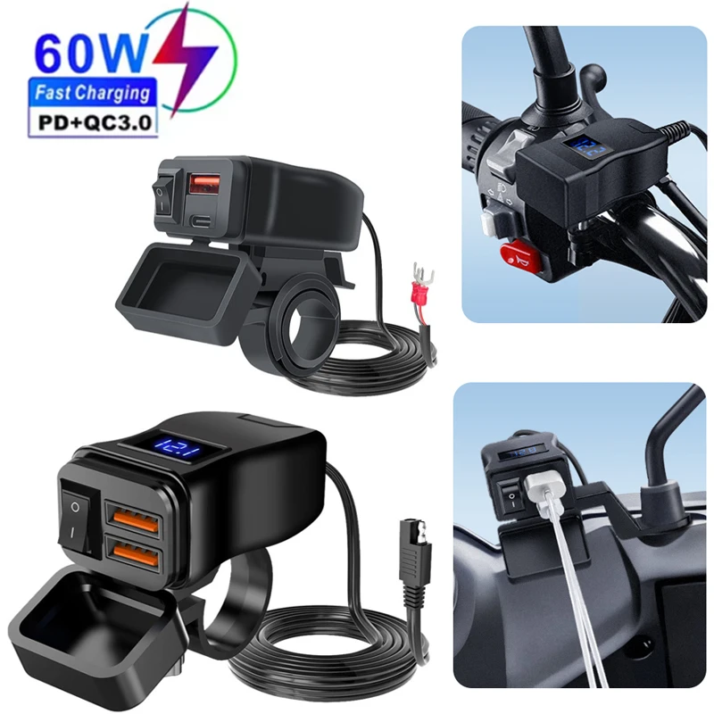 PD QC3.0 Motocicleta USB Carregador Celular Rápido 12V Adaptador de Fonte de Alimentação Tipo C Porta Soquete Conector com Interruptor Voltímetro