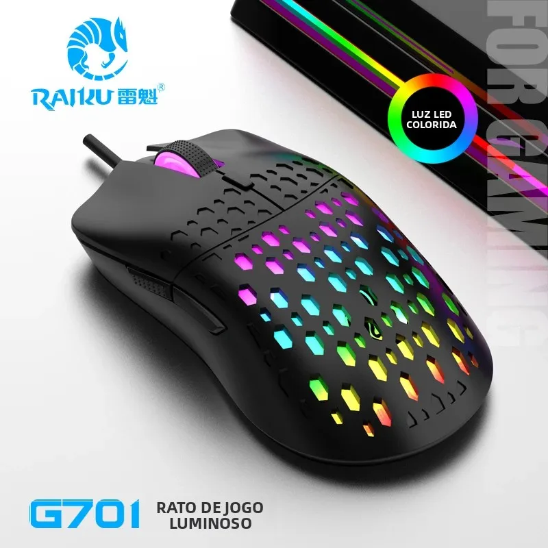 RAIKU G701 Mouse com fio de 6 teclas com iluminação colorida para jogos e escritório para sistemas Microsoft Windows e Apple IOS