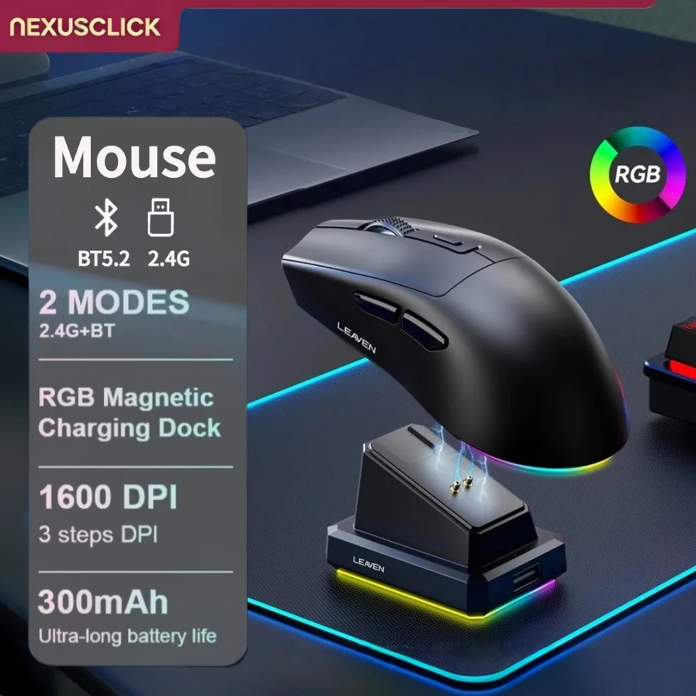 Mouse Gamer Ergonômico Sem Fio NexusClick, Mouse Leve RGB de Modo Duplo com Base de Carregamento Magnética e DPI Ajustável para Desktop