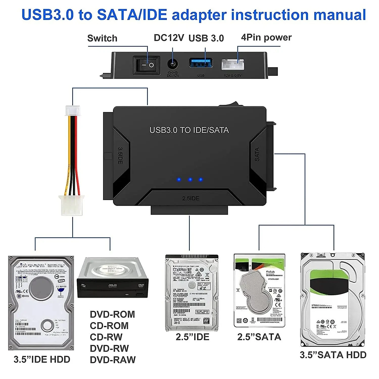 Usb 3.0 para sata ide cabo conversor de adaptador de disco rígido para 3.5 2.5 polegadas hdd/ssd cd dvd rom CD-RW 3 em 1usb ide sata adaptador