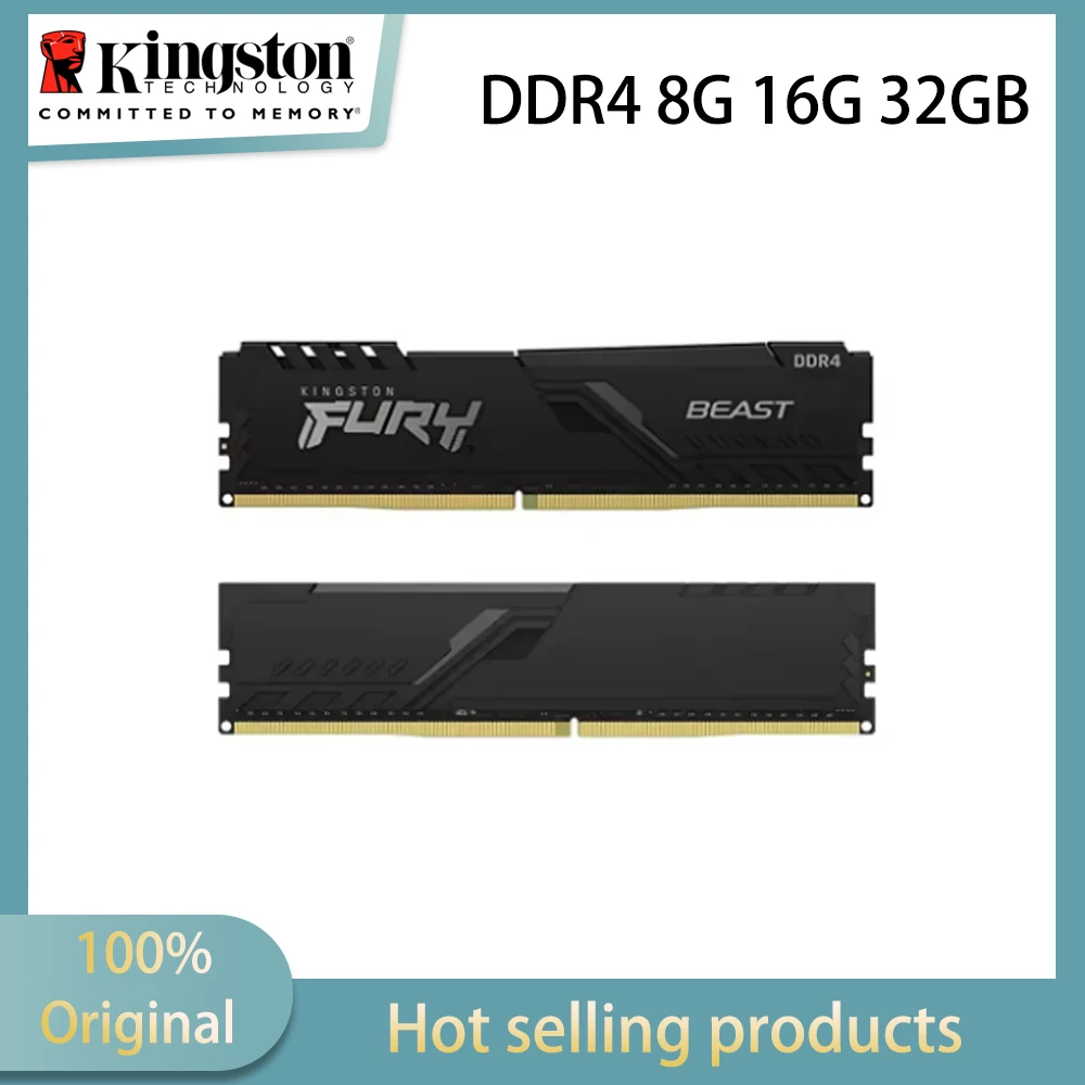 Memória RAM Kingston Fury Beast DDR4 3200Mhz 2666Mhz 2400Mhz 8G 16G para PC, 288 Pinos, 1.2V, com Dissipador de Calor para Placa-Mãe AMD ou INTEL de Desktop