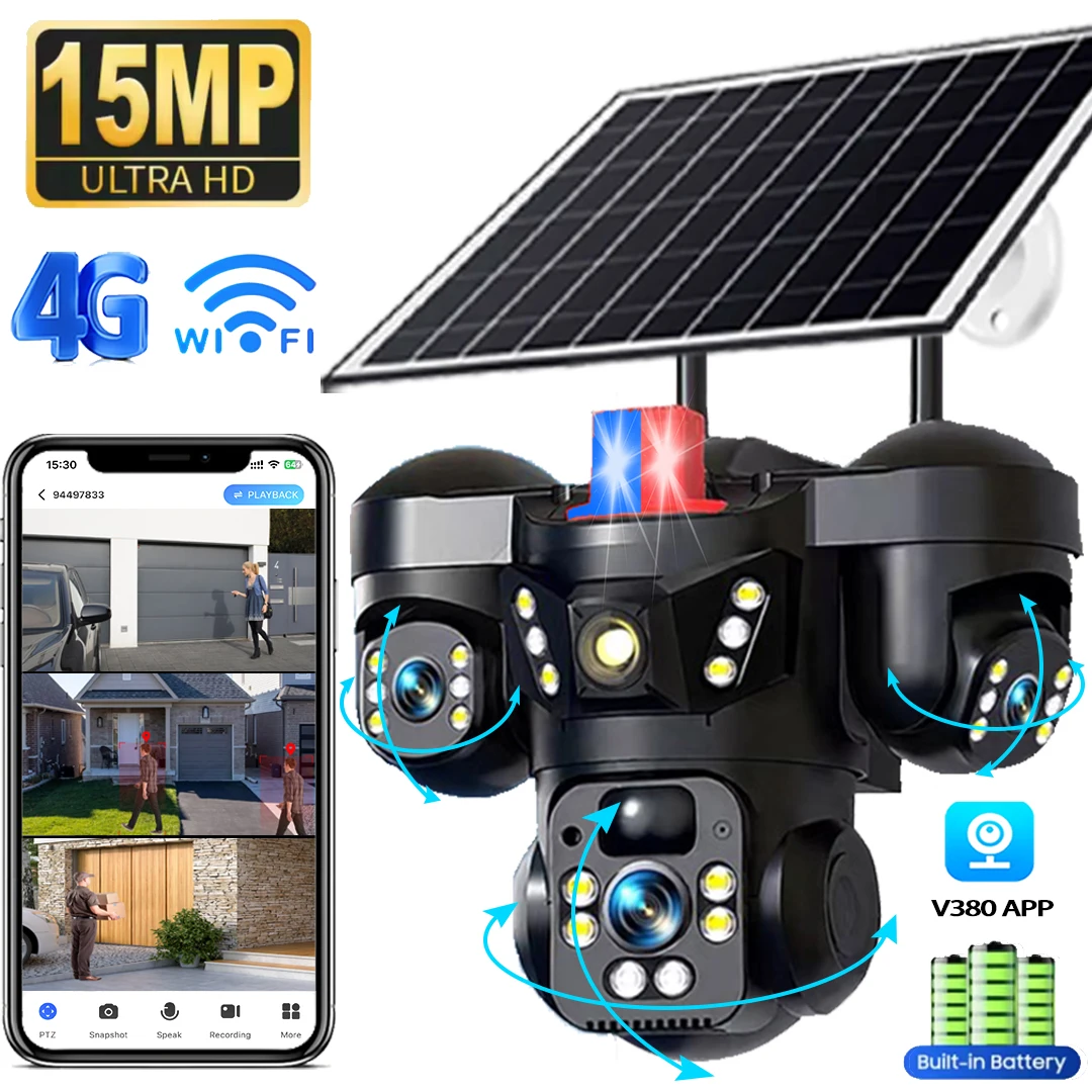 Câmera Solar 4G de 15MP com Três Lentes e Três Telas, WiFi Externa, Zoom Digital 10X, À Prova D'água, Rastreamento Automático, Câmeras de Segurança CCTV V380