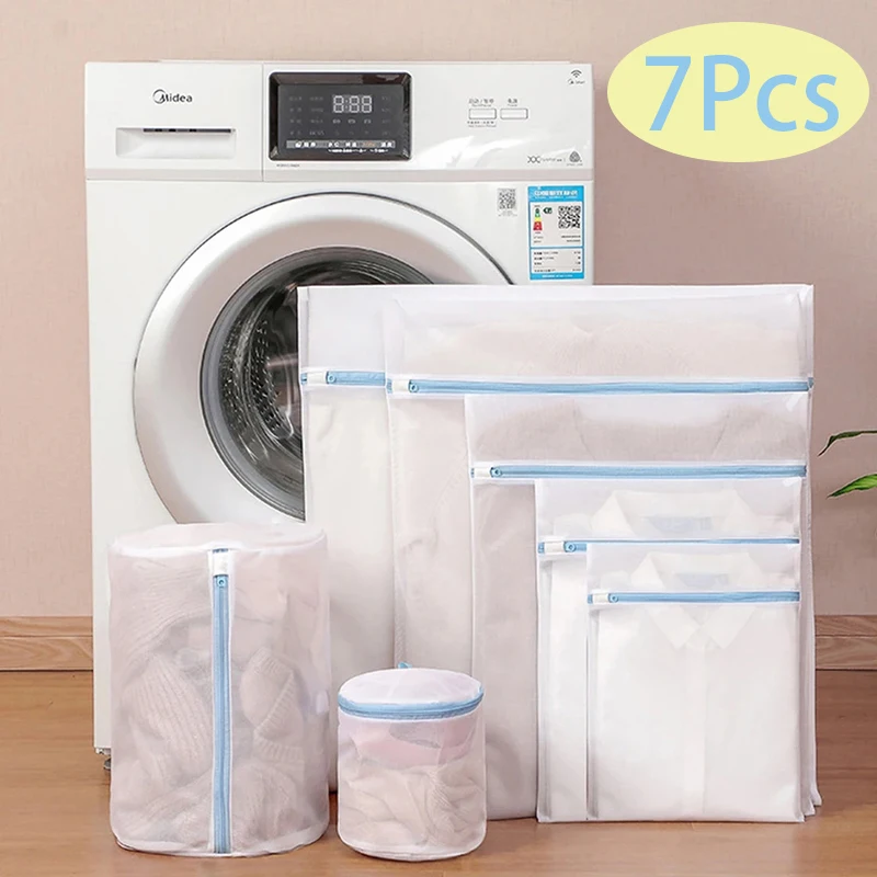 7 pçs sacos de lavanderia roupas proteger sacos para máquina de lavar roupa viagem roupas sujas organizar cesta de lavanderia azul zíper saco de lavagem
