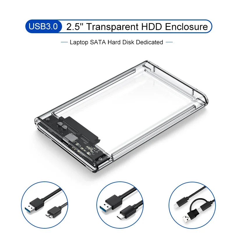 Gabinete HDD 3.0/3.1 Caixa de disco rígido SATA SSD de 2,5 polegadas com velocidade de transferência de 5 Gbps e caixa externa móvel com design transparente