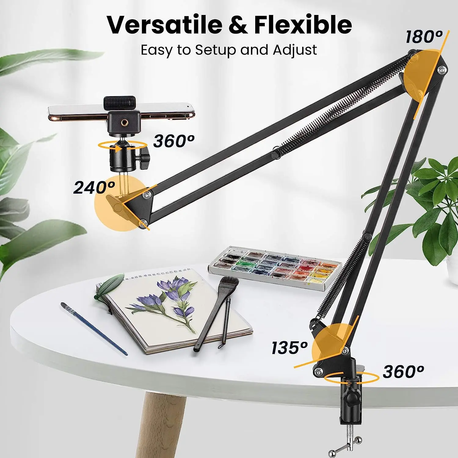 Tripé com Braço Flexível para Fotografia, Suporte de Telefone para Mesa, Dobrável, Âncora 360 ° Rotação Online para Vídeos ao Vivo em Desktop e Laptop com Filmagem de Cima