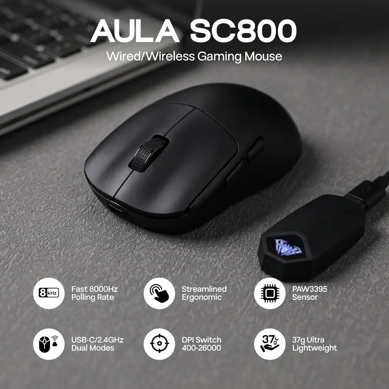 AULA SC800 Gaming Mouse USB-C Com Fio/2.4G 37g Leve 8K Paw3395 Sensor Ratos Personalizados PC E-Sports Gamer Acessórios Presentes
