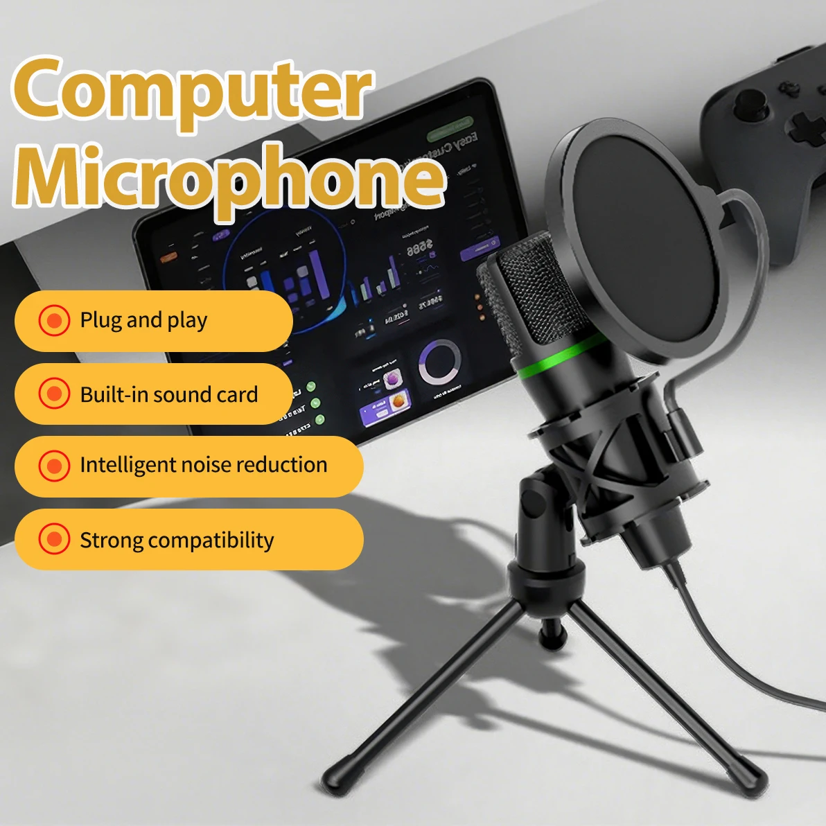 Microfone condensador usb com fio para pc computador portátil profissional acessórios de jogos streaming som podcast ao vivo gravação rgb