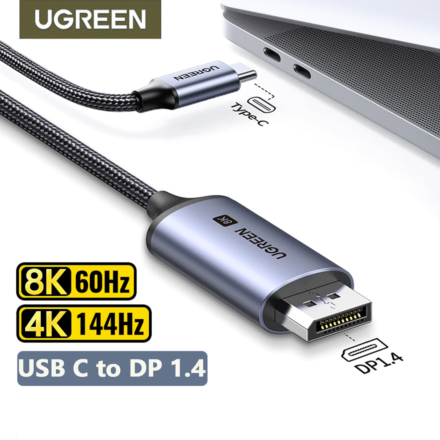 UGREEN-USB C para 8K Displayport 1.4 Cabo, Compatível para iPhone 15, Macbook Pro, iPad, Thunderbolt 3, 4, USB Tipo C para 8K Cabo DP, 32.4Gbps UGREEN-USB C para 8K Displayport 1.4 Cabo, Compatível para iPhone 15, Macbook Pro, iPad, Thunderbolt 3, 4, USB Tipo C para 8K Cabo DP, 32.4Gbps