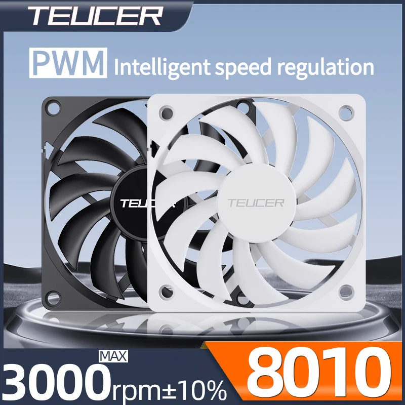 Teucer 8cm PWM Ventilador de chassi com regulação de velocidade inteligente Ultrafino 8010 Ventilador de resfriamento para PC com cabo adaptador de extensão PWM de 4 pinos