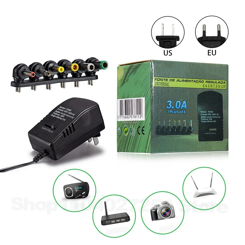 Adaptador Ajustável AC 110V 220V para DC 3V 5V 6V 9V 12V 3A, Fonte de Alimentação DC, Carregador Universal, Transformador de Fonte de Alimentação com Comutação