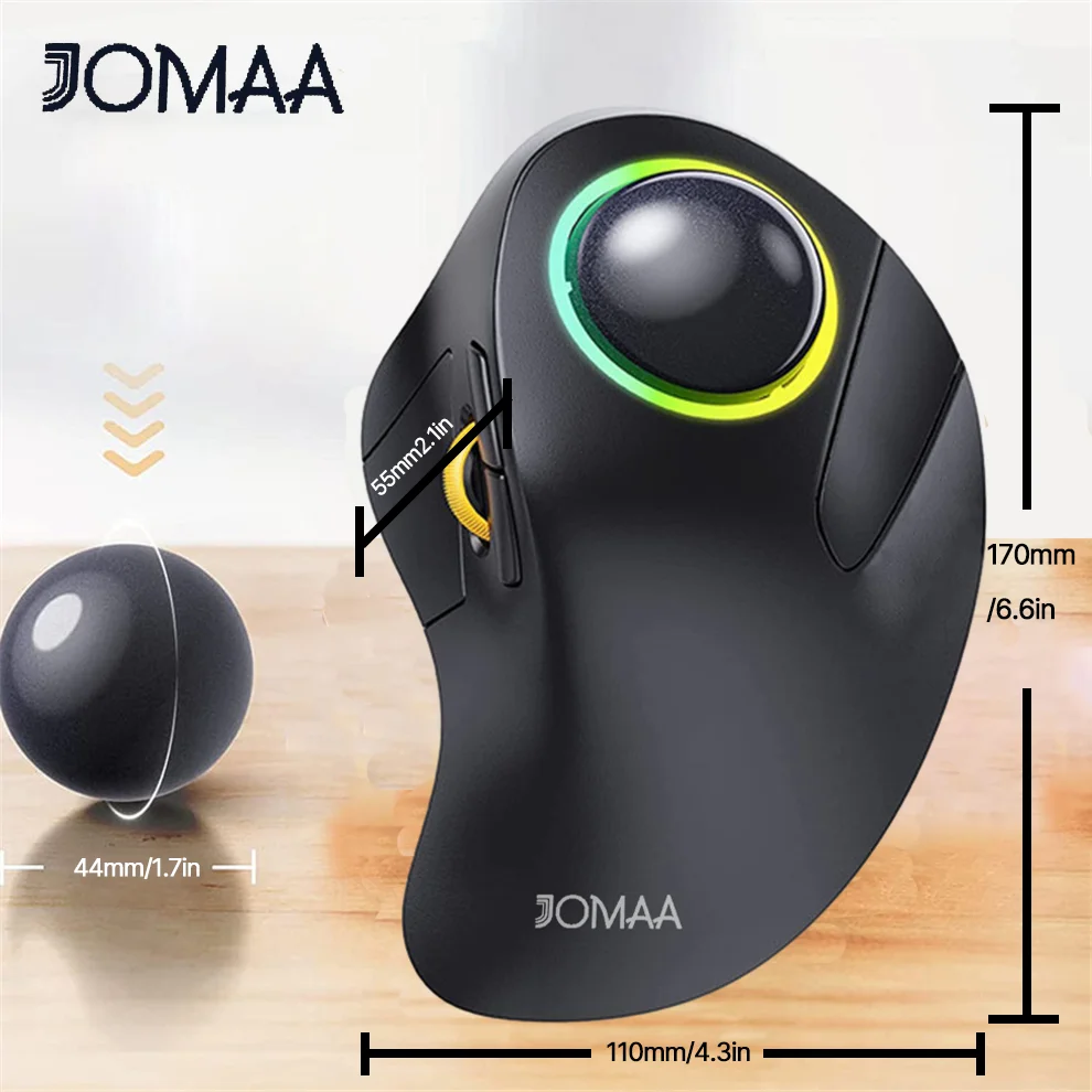 Jomaa controle de mouse trackball retroiluminado RGB para jogos Bluetooth mouse trackball vertical para mão direita para gamer Windows Mac
