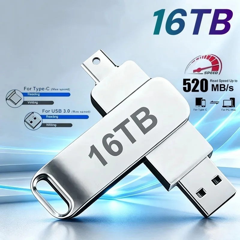 Pen Drive USB 3.2 de 16TB, Transferência de Alta Velocidade, Pendrive de Metal, Cartão de Memória, Disco Flash, Memória à Prova d'Água