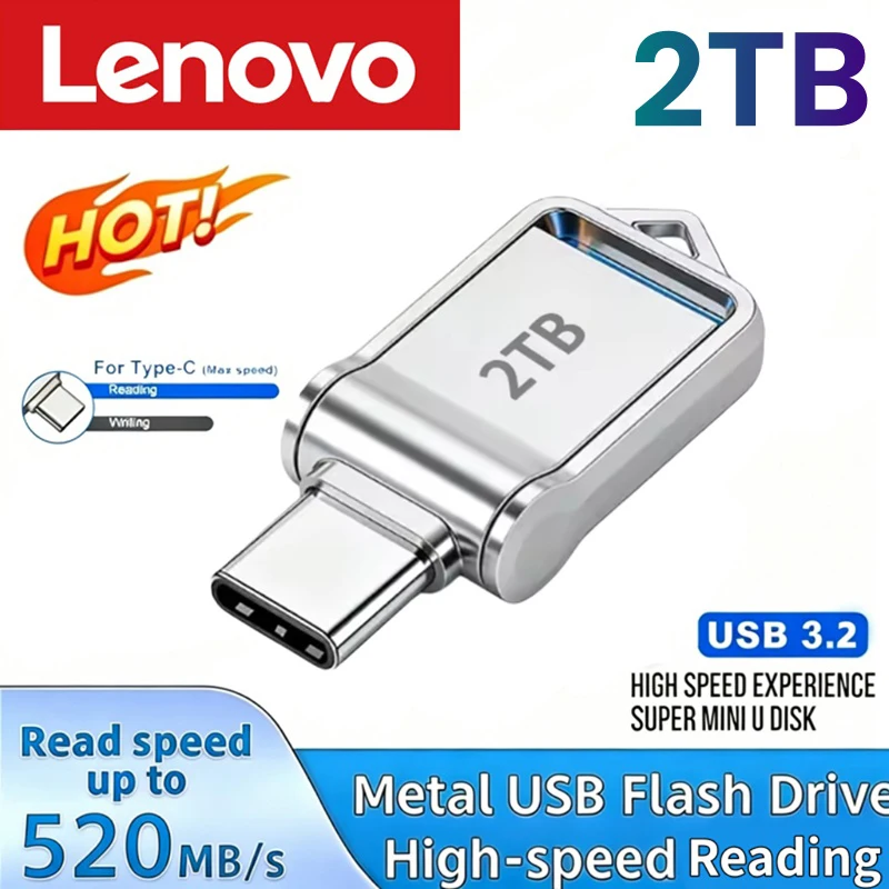 Pen Drive Lenovo 2TB de Alta Velocidade USB 3.2 Tipo-C OTG, Pen Drive Metálico 2TB, Memória Portátil USB para Armazenamento de Dados em Computador