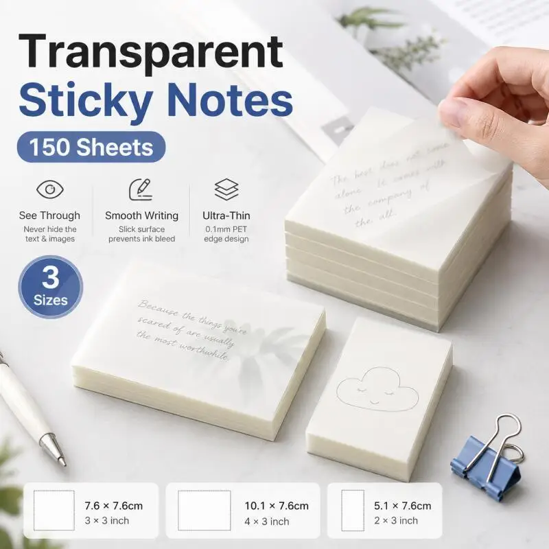 150 Folhas de Notas Adesivas Transparentes, Blocos de Anotações Claras para Livros, Planejadores, Estudo, Desenho e Escritório 150 Folhas de Notas Adesivas Transparentes, Blocos de Anotações Claras para Livros, Planejadores, Estudo, Desenho e Escritório