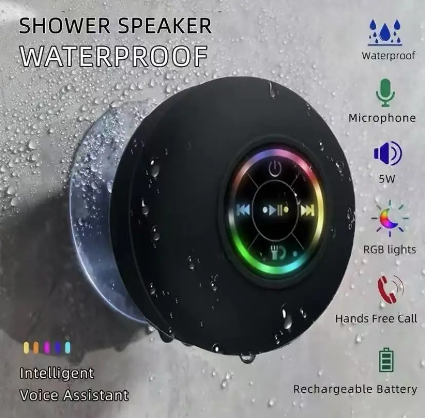 Caixa de Som Bluetooth Portátil Sem Fio com Luz LED, Alto-falante à Prova d'Água IPX4, Grande Ventosa para Banheiro, Som Estéreo para Uso Externo Caixa de Som Bluetooth Portátil Sem Fio com Luz LED, Alto-falante à Prova d'Água IPX4, Grande Ventosa para Banheiro, Som Estéreo para Uso Externo