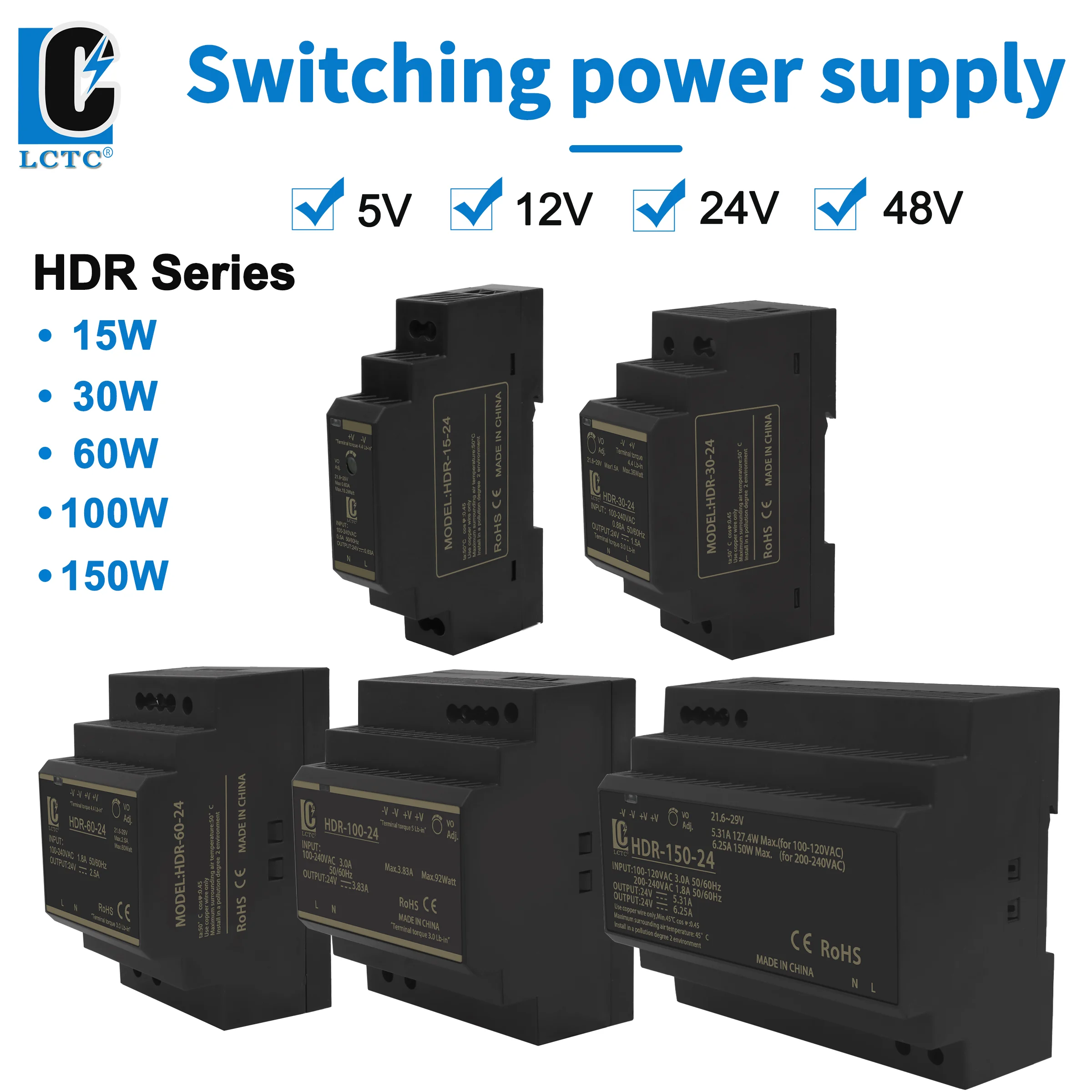 Fonte de alimentação de comutação 5v/12v/24v/48v fonte de alimentação em trilho din ac para dc HDR-15/30/60/100/150w led fonte de alimentação de comutação dc