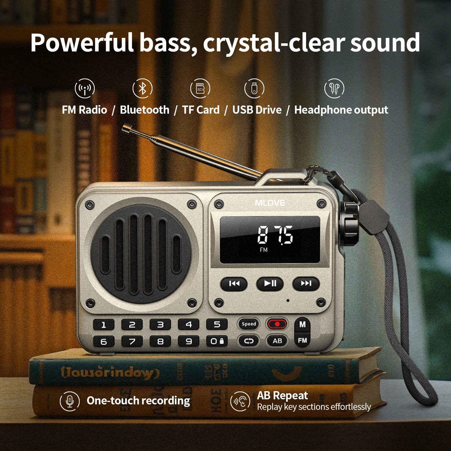 Caixa de Som Bluetooth Portátil MLOVE BV800P com Rádio FM e Reprodutor de MP3, Recursos USB, Cartão TF, Antena AUX, Áudio Tudo-em-Um Caixa de Som Bluetooth Portátil MLOVE BV800P com Rádio FM e Reprodutor de MP3, Recursos USB, Cartão TF, Antena AUX, Áudio Tudo-em-Um