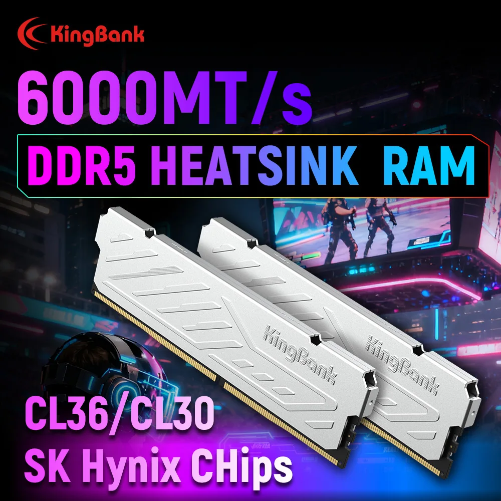 Memória Desktop KingBank DDR5 RAM 8GB / 8GBx2 / 16GBx2 6000MHz CL36/CL30 XMP 3.0/AMD EXPO com Dissipador de Calor Prata