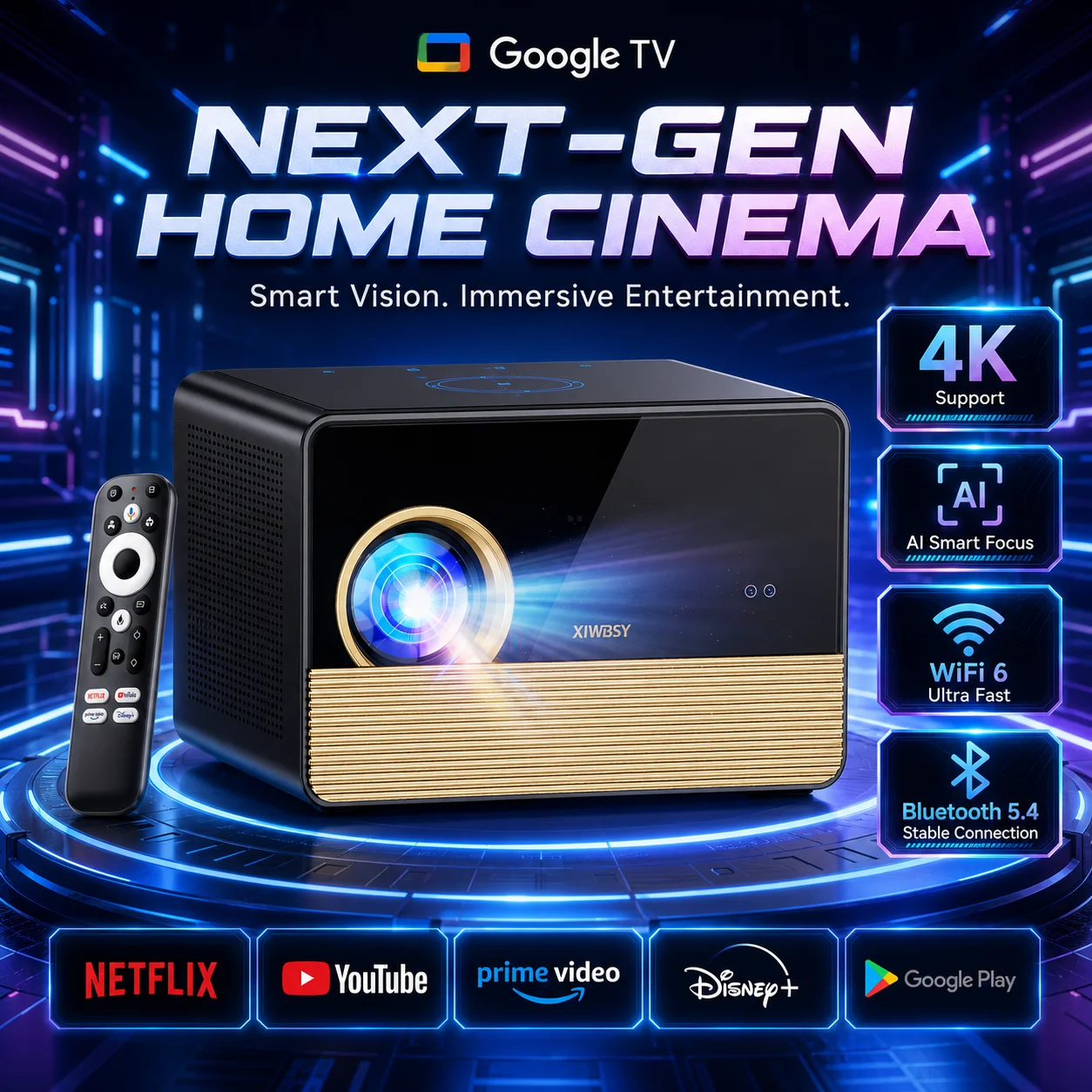 Projetor Google TV XIWBSY X06 com TV Stick, 3600 ANSI, Nativo 1080P, Suporte 4K, Foco Automático TOF, WiFi6, BT5.4, Home Theater