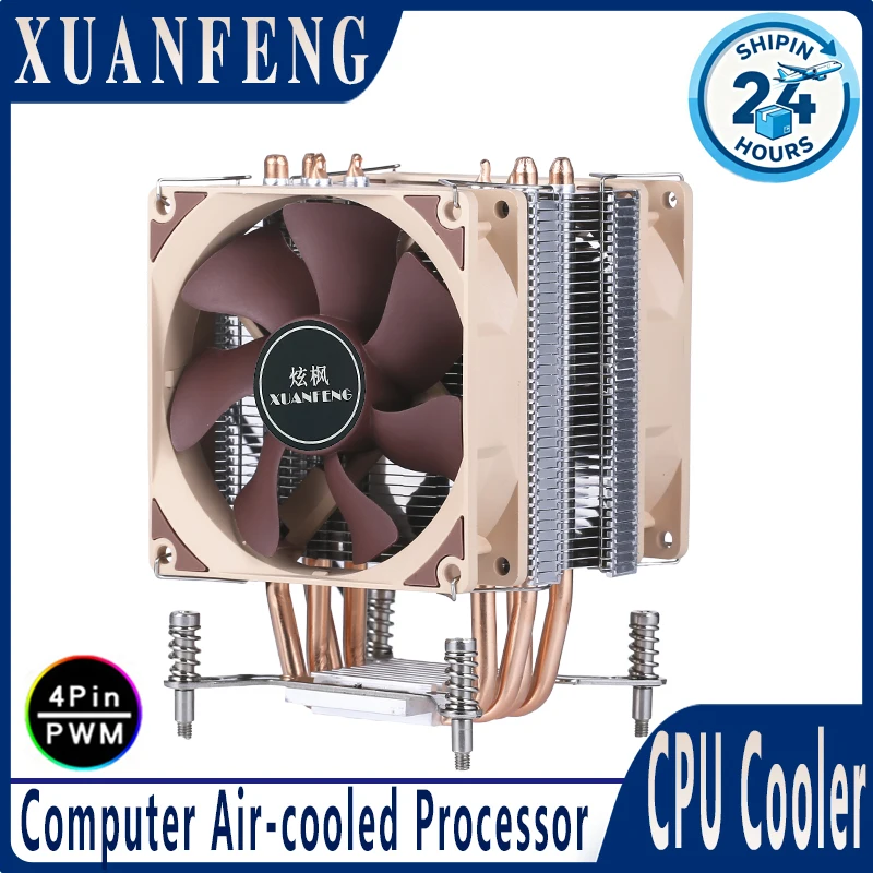 Cooler de Computador XUANFENG, Resfriamento a Ar do Processador, 4 Tubos de Calor, Ventoinha de CPU de 90mm 4 Pin/PWM, Compatível com LGA 2011 2066 X99 E5 1200 115x 1700