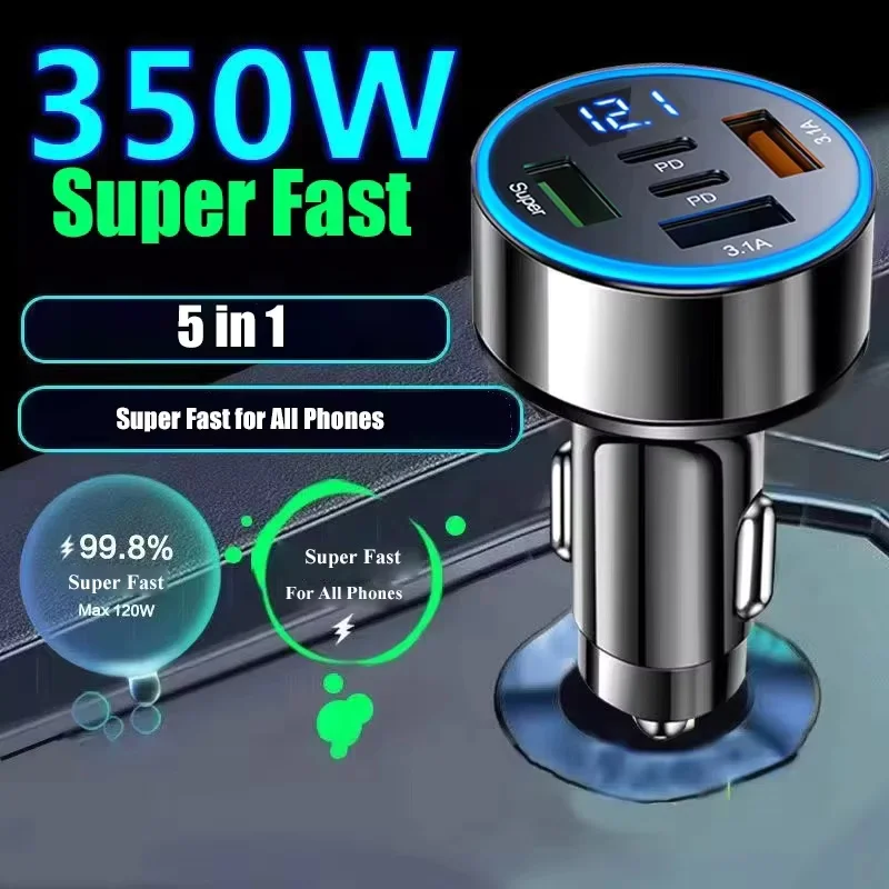 Carregador de Carro 250W 5-em-1 PD QC3.0 com Carregamento Rápido USB C para iPhone, Samsung Galaxy, iPad Pro, Adaptador de Acendedor de Cigarros Multi-Portas