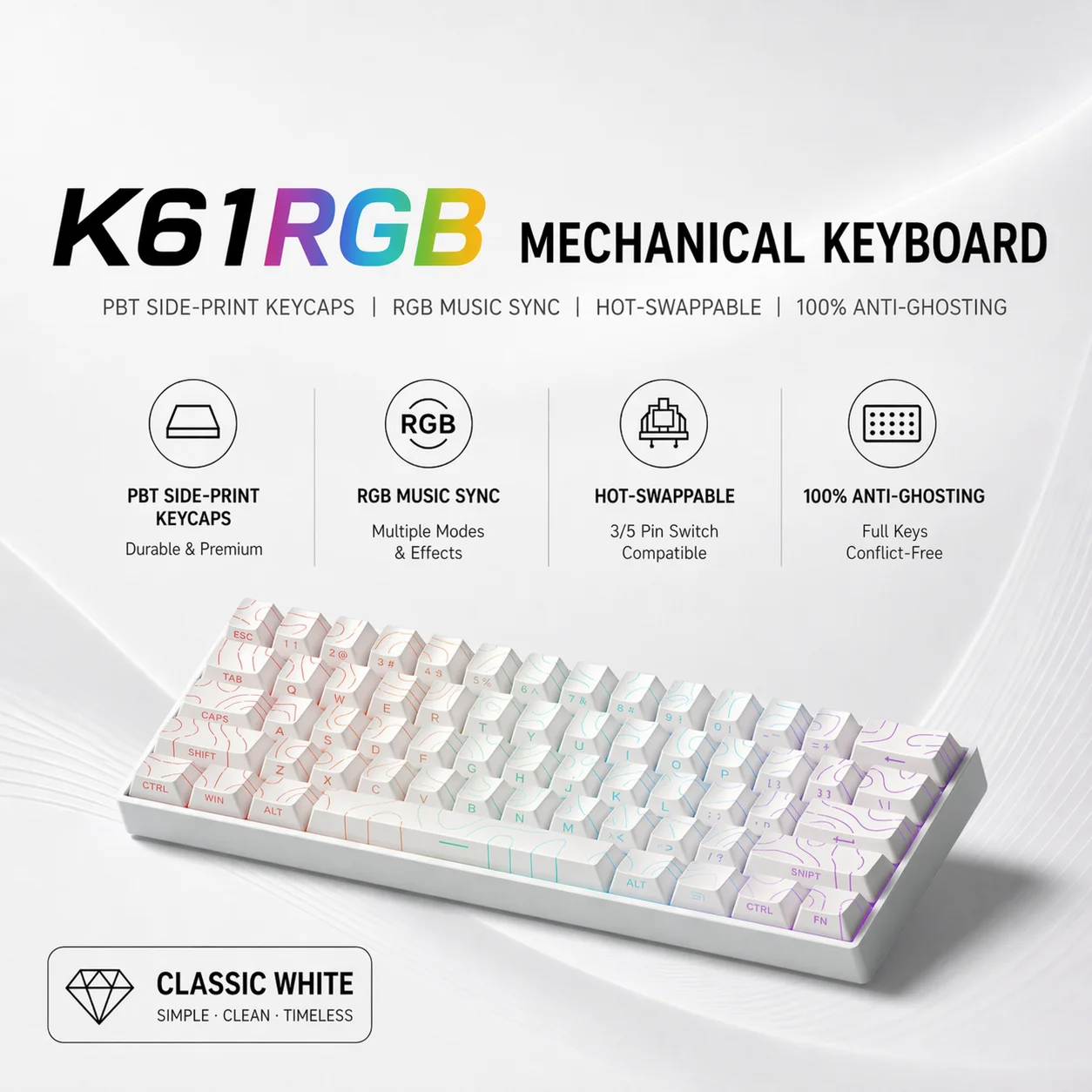 Teclado Mecânico Mini K61 de 61 Teclas USB com Fio, Hot Swappable, Compacto com Cabo Destacável para PC e Laptop Gamer