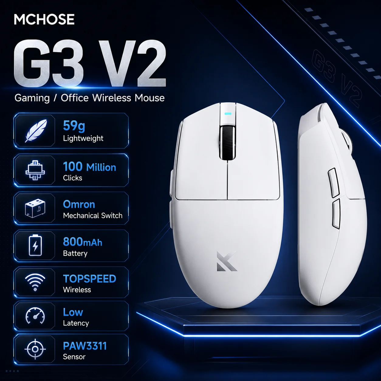 Mouse Gamer MCHOSE G3 V2 Tri-Mode, Sensor PAW3311, 800mAh, Leve, 2.4G, Bluetooth, Com Fio, para Jogadores de PC e Laptop