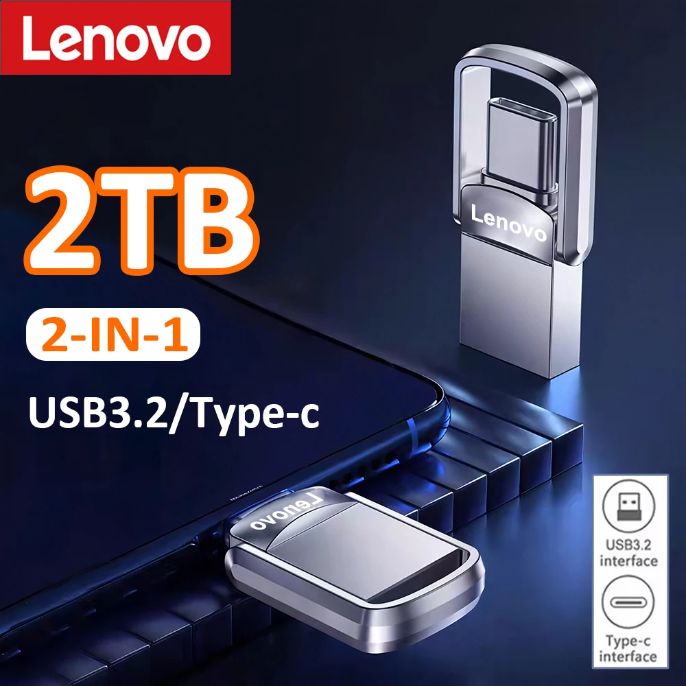 Pen Drive Lenovo Mini USB 3.2 Tipo C 256GB OTG, Memória USB de Alta Velocidade 512GB para Computadores e Telefones