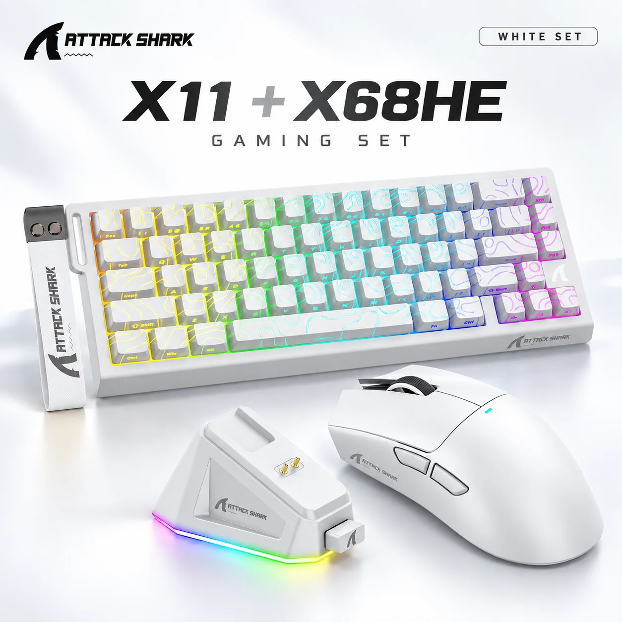 Rato sem fios multimodo ATTACK SHARK X11, rato para jogos com base de carregamento e teclado para jogos magnético X68HE 8000Hz 0,01mm RT.