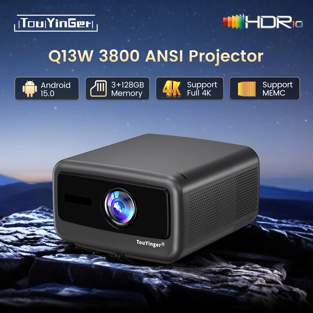Projetor Touyinger Q13W 3800ANSI 4K Android 15 3G+128G Óptica Selada 2.1CH Smart Home Theater WiFi Bluetooth Beamer